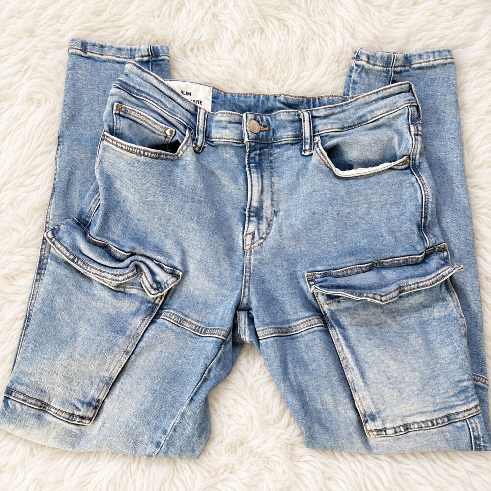 H&M Men’s Slim Skinny Cargo Jeans 36x32 Light Wash Denim Utility Pants